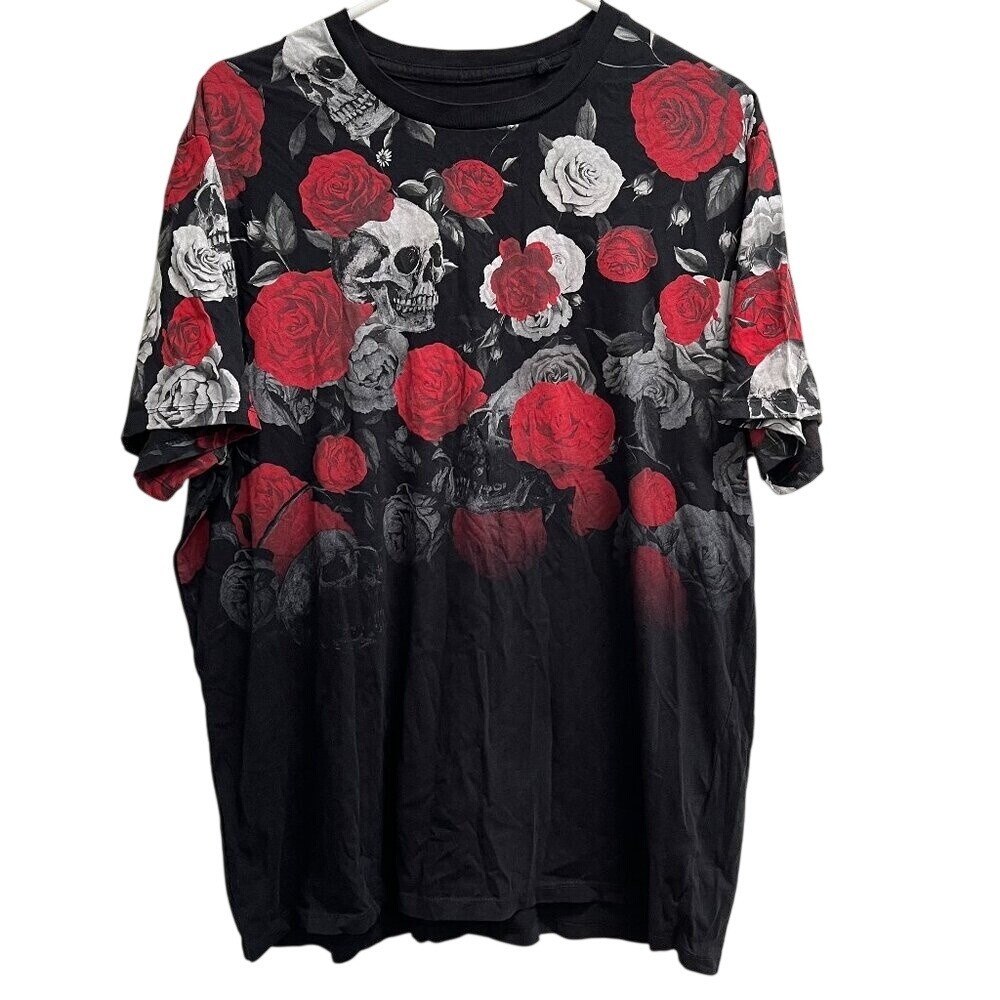 Guess Streetwear Men's Short Sleeve Skull Roses Black Red Cotton Shirt Size XXL - Picture 1 of 4